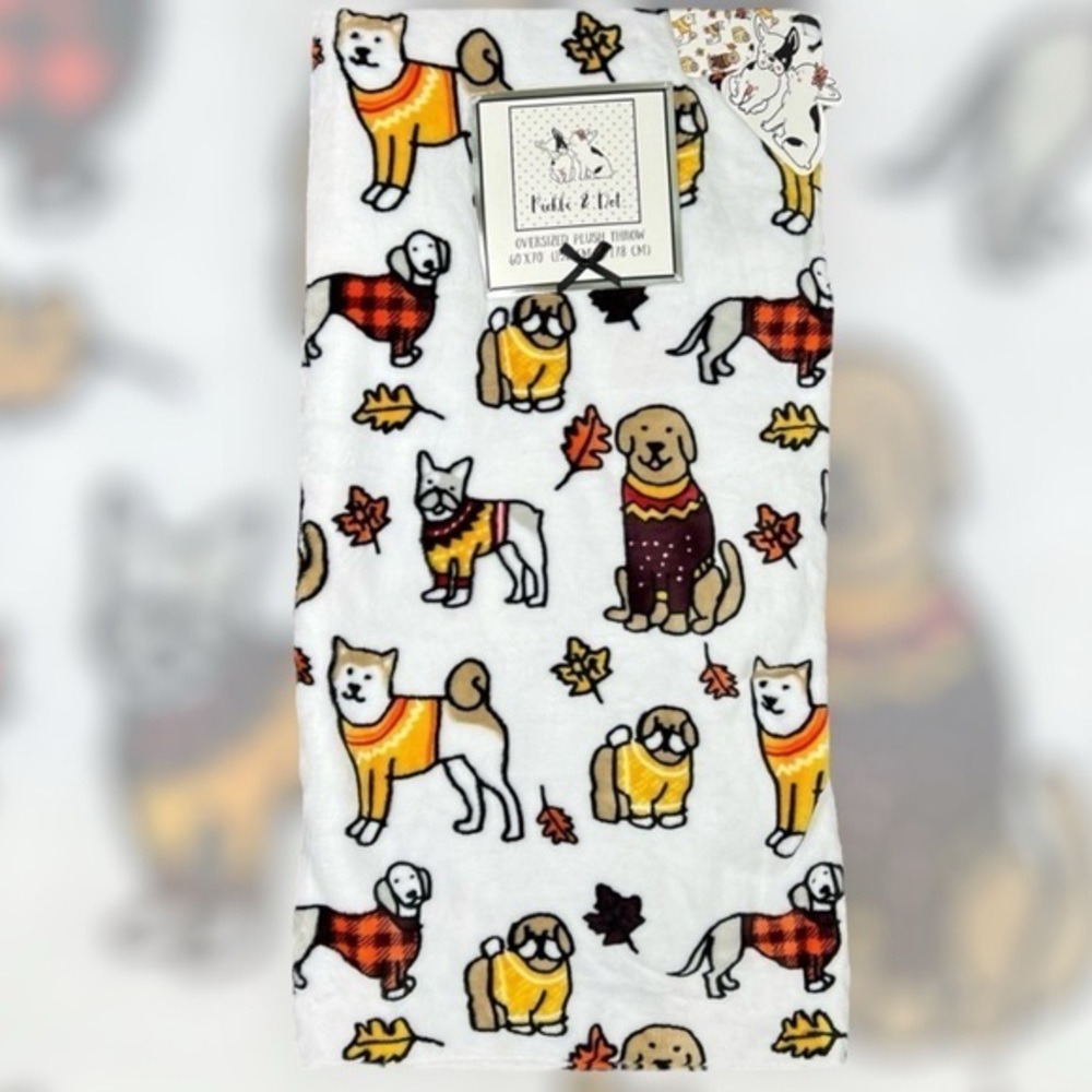 PETS - Pickle & Dot  - ‘Autumn Dogs’ plush throw. 60” x 70”. NWT.